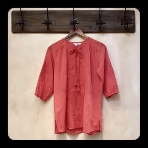 🪶3/$35 Boho Embroidered KYLA SEO Indian Tie-Front L/S Coral Blouse-M